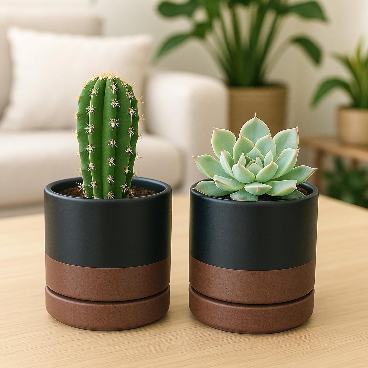 D'vine Dev Set of 2 Plants Pots, 4.7 Inch Ceramic Planter Pot for Plants with Drainage Hole and Saucer, Black/Speckled Tan, 94-V-B-7