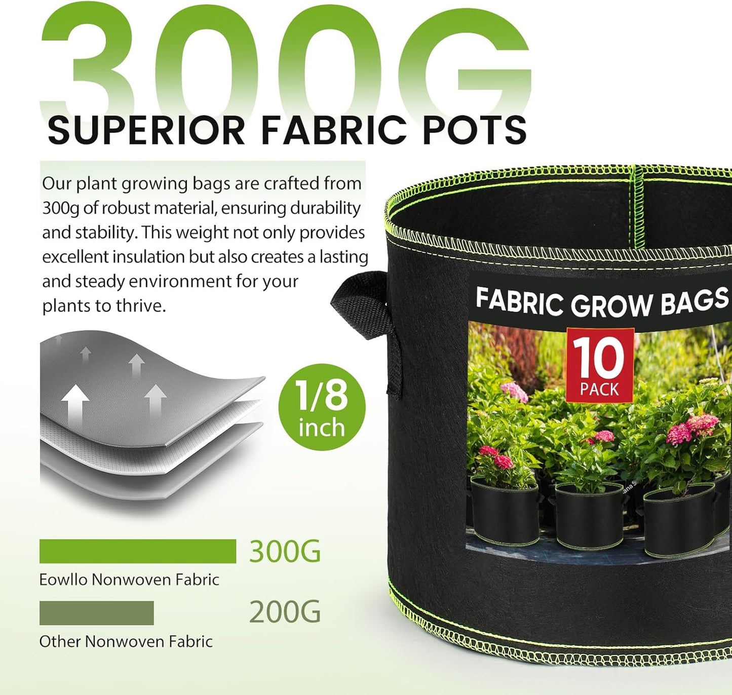 Grow Bags 5 Gallon10Pcs Heavy Duty 300G Fabric Pots for Plants,Thickened Nonwoven Garden Bags for Vegetables,Large Nursery Pots,Tomato, Green Line Border (5 Gallons)