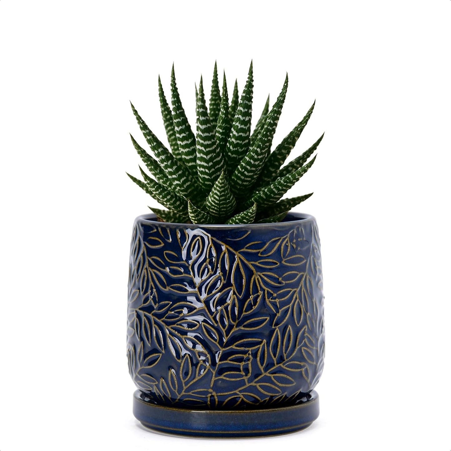 D'vine Dev 4 Inch Embossed Leaves Stoneware Planter Pot with Drainage Hole and Saucer, Midnight Blue, 27-A-Z-3