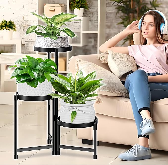 Plant Stand indoor outdoor - 3 Tier black Tall Metal Flower Pot Holder Potted Display Rack - Heavy Duty Corner Plant Shelf for Patio Garden Balcony Living Room Bedroom