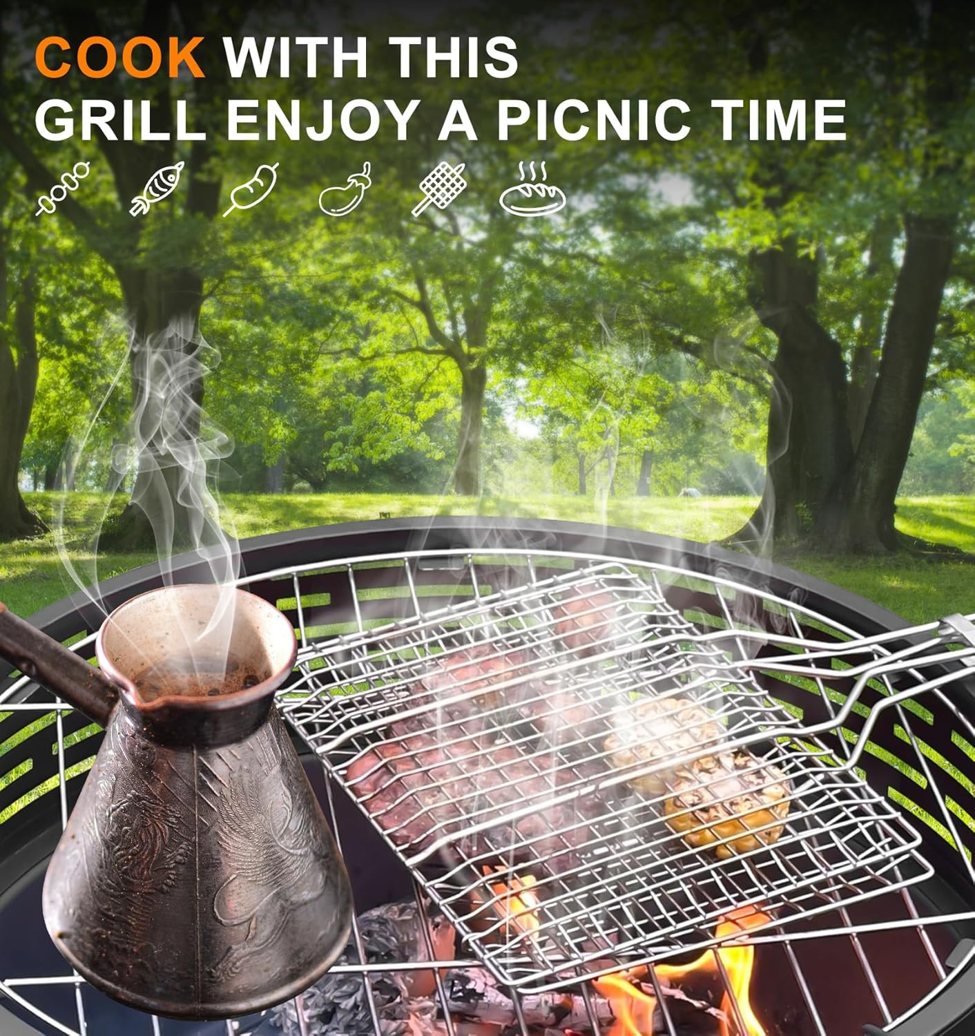 23 Inch Cast Iron Round Fire Pit with Grill, 3-in-1 Outdoor Fire Bowl, Fire Pit Table with Metal Lid and Fire Poker, Wood Burning Firepit for BBQ Bonfire Patio Picnic