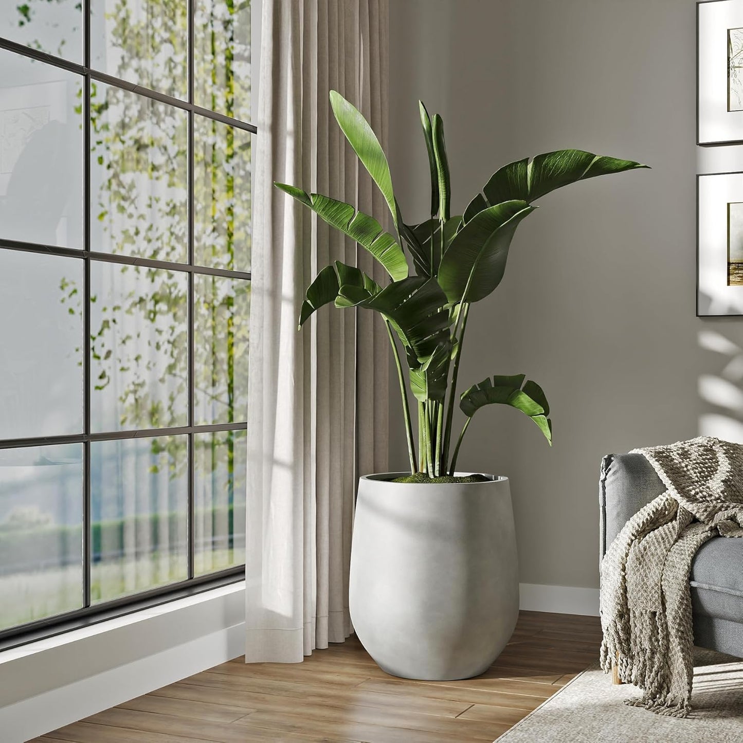 DTY Signature Mount Wilson Lightweight and Durable Modern Fiberstone Tapered Planter for Indoor Outdoor Drainage Hole & Rubber Plug Weather Resistant, 21.7" H x 20" Dia,15.7" Opening - Large, Gray