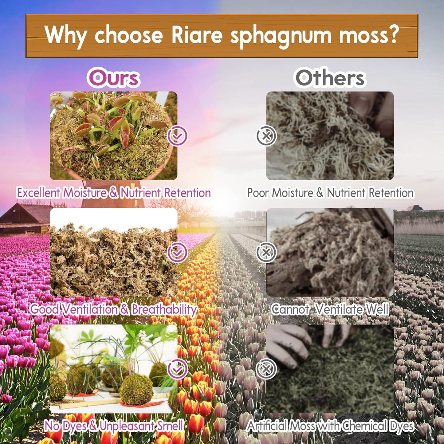 Riare 1.1 LBS Premium Sphagnum Moss- Natural Long Fibered Sphagnum Peat Moss Plants Moss Dried, Carnivorous Plants Moss Orchid Potting Mix for Orchids, Succulent, Reptiles (20QT)