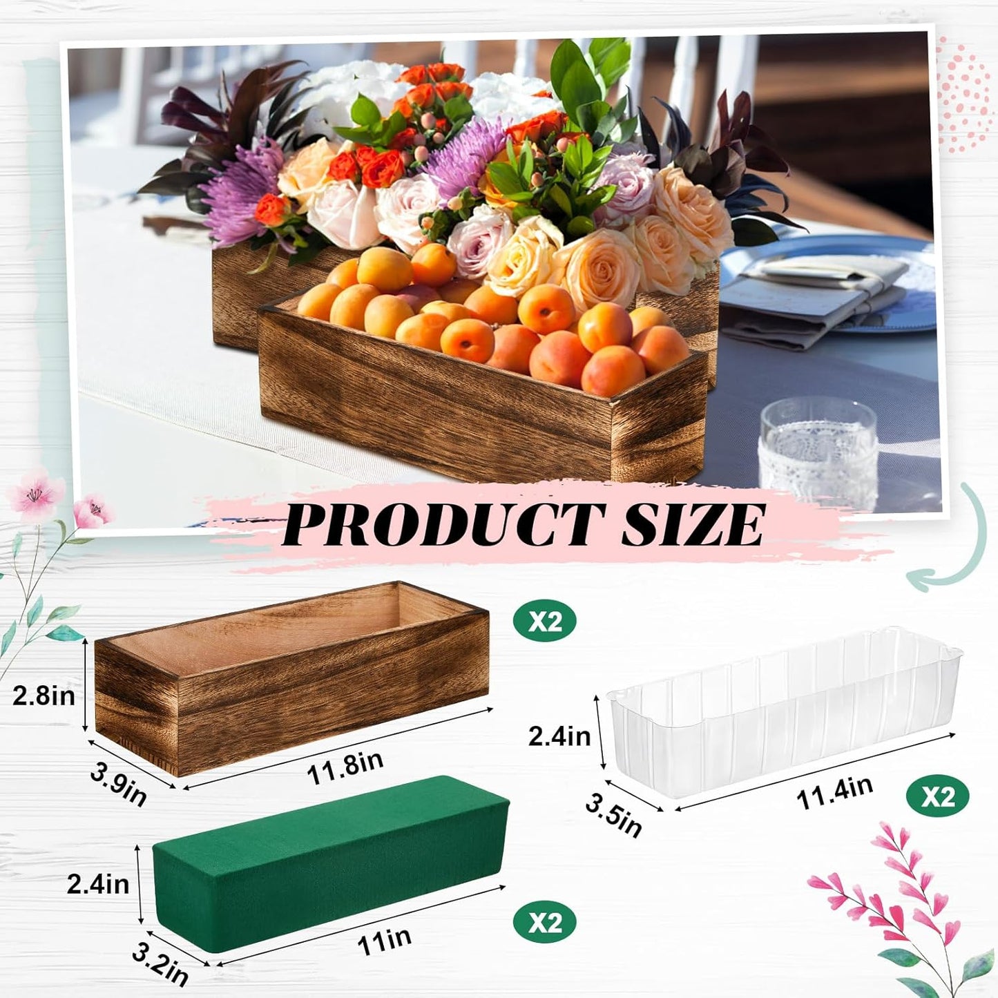 Dandat 2 Set Wood Boxes for Centerpieces 12x4 Inch Rectangle Wooden Planter Box Rustic Wood Planter with Removable Plastic Liner Floral Foam Blocks for Centerpieces Home Wedding Garden Decor