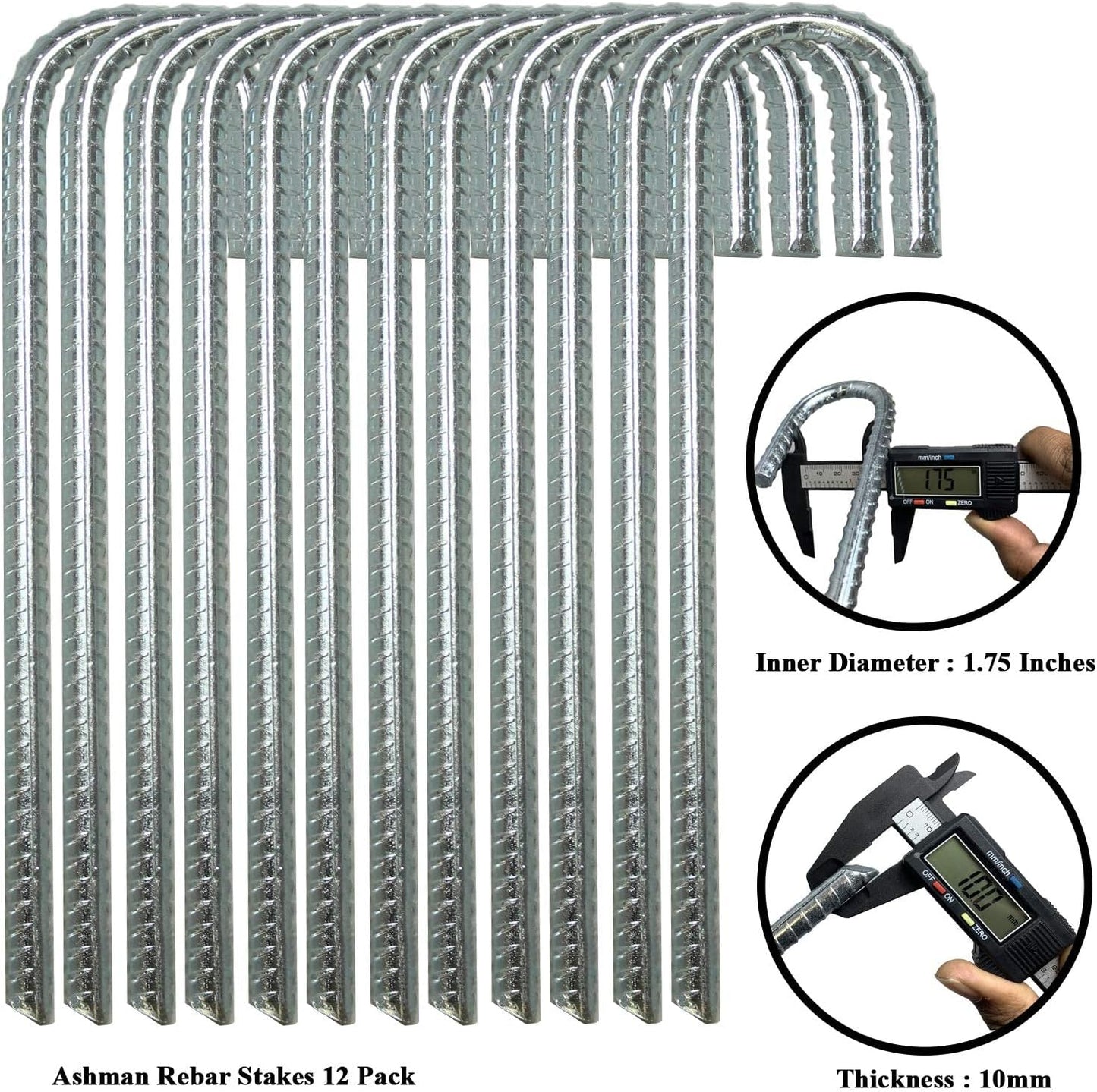 Ashman Rebar Stake Anchor 12 Inches Long (12 Pack), Ideal for Securing Animals, Tents, Canopies, Sheds, Car Ports, Swing Sets. Rust-Resistant and Made of Solid Premium Galvanized/zinc-Coated Metal.