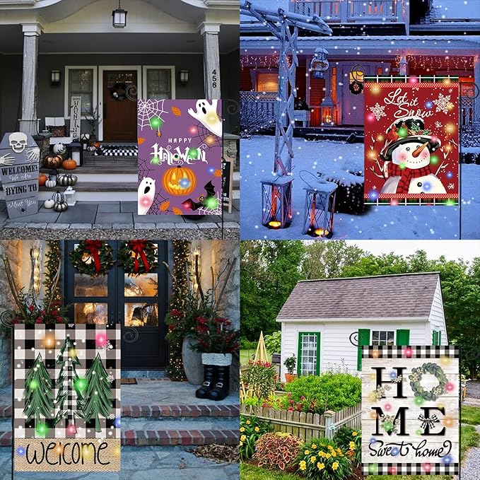 Lighted Seasonal Garden Flags Set of 12 Double Sided 12 x 18 Inch LED Yard Flags, Small Flags for Outside, Fall Winter Halloween Christmas Outdoor Flags,Solar Holiday Garden Flags for All Seasons