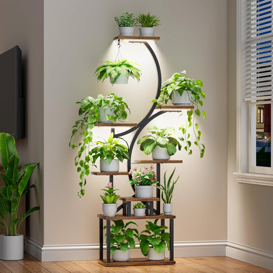 Plant Stand Indoor with Grow Lights - 62" Tall Plant Shelf, Lighted Corner Plant Stands for Indoor Growing, 8 Tiered Large Flower Holder, S-Shaped Decorative Rack for Living Room, Black, Patent Design