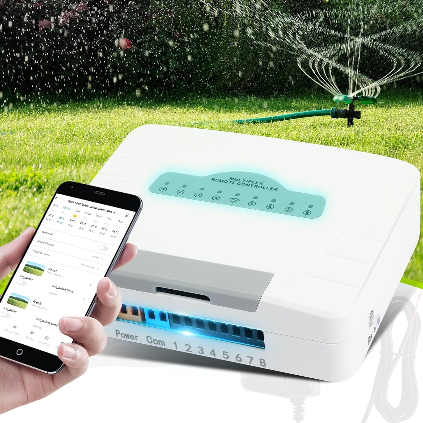 Zone Smart Sprinkler Controller, 8 Zone with APP Control, Auto Rain Adjustment, Hyper-Targeted Watering, Sprinkler Timer for Outdoor Garden, Yard, Lawns