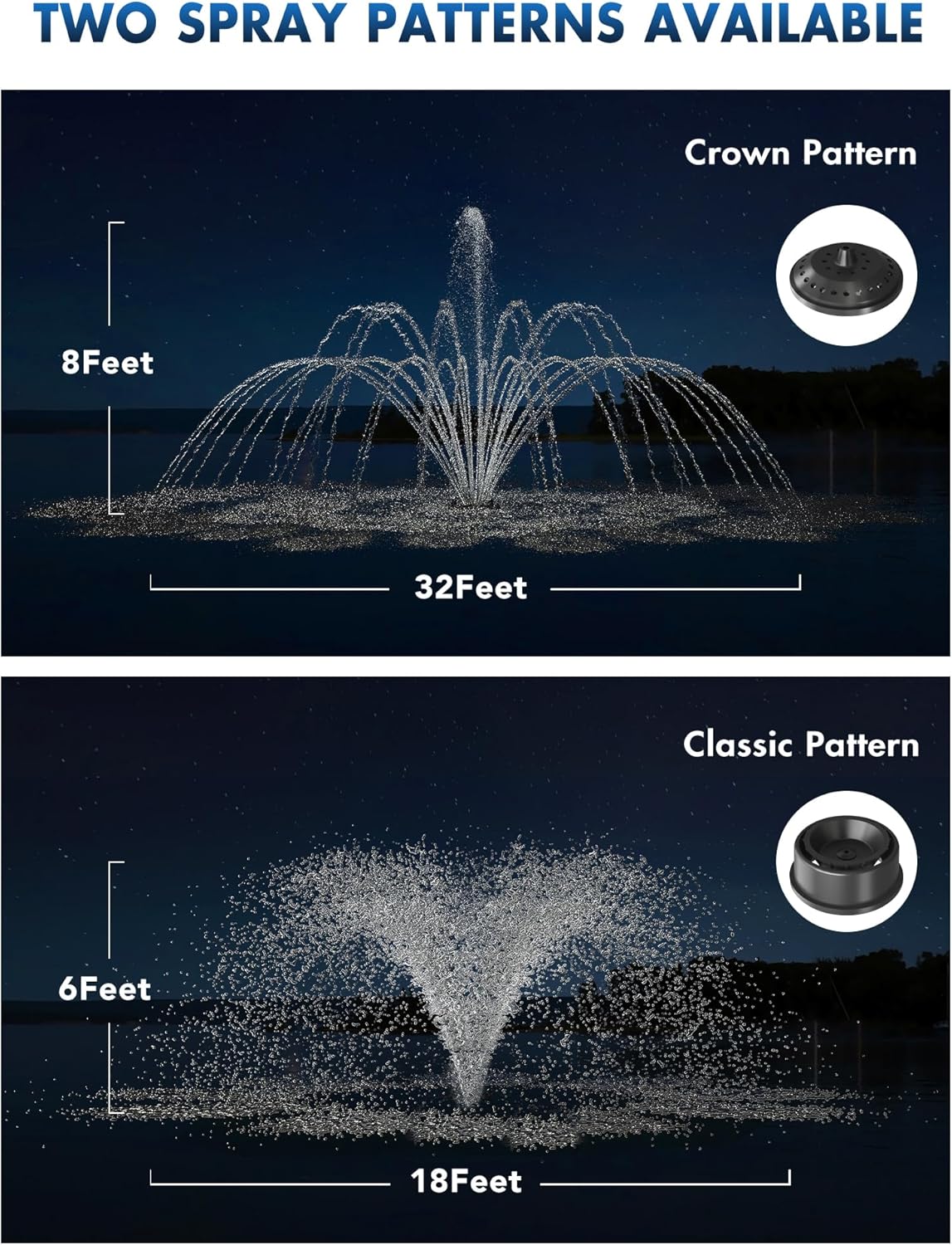 HQUA-FS01 110V, 1/2HP, OD(φ) 32” Large Pond Floating Fountain with 13000 GPH Fountain Pump, 100’ Power Cord, Two Spray Patterns 32'×12' and 18'×6'