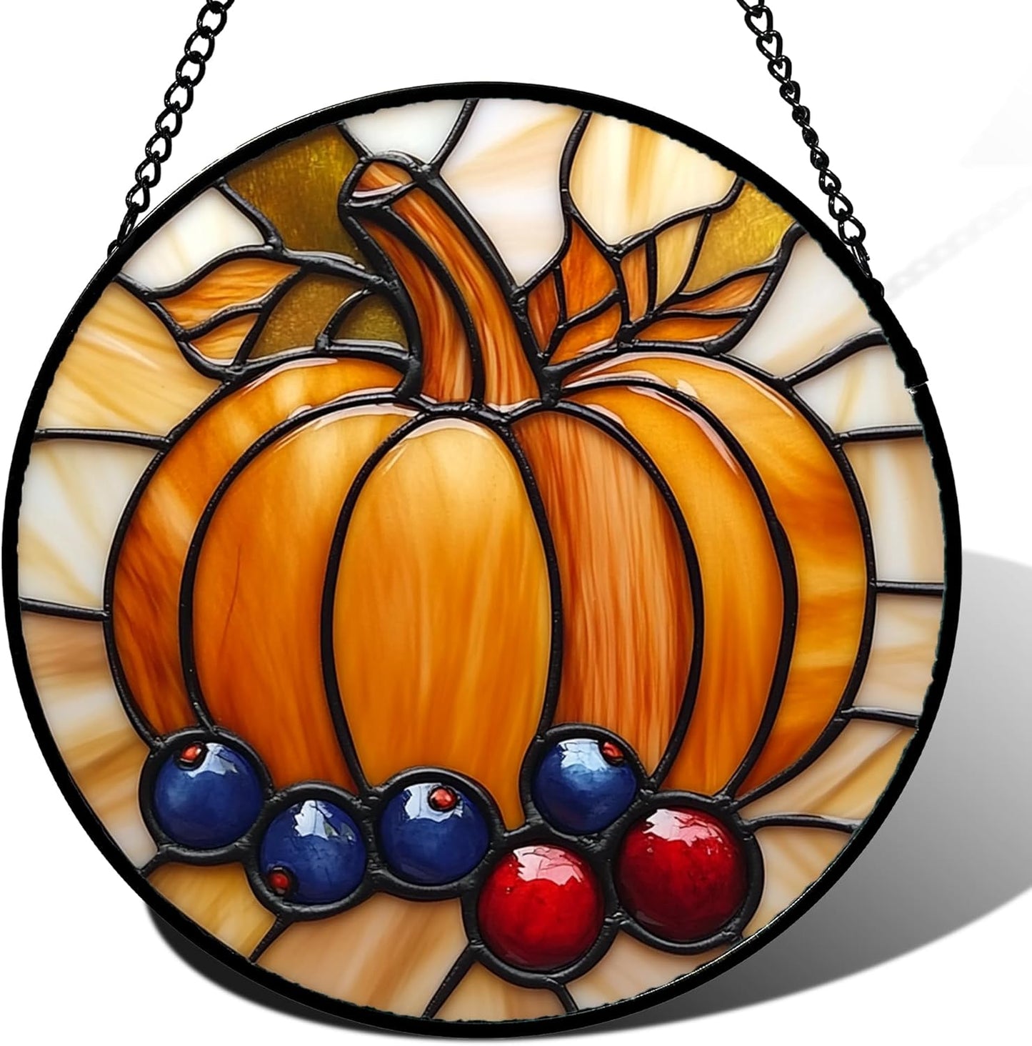 Stained Glass Window Hanging Fall Pumpkin Berries 6.3" - Suncatcher Door Garden Kitchen Sunroom Sun Catcher Autumn Home Decor Birthday for Mom Grandma Men Woman