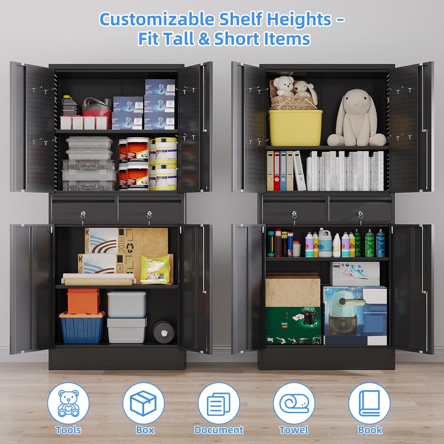 Metal Storage Cabinet with 2 Drawers and Pegboard, Garage Storage Cabinet with Locking Doors and 2 Adjustable Shelves, 71" H Steel Cabinets for Garage, Home, Office, School, Black