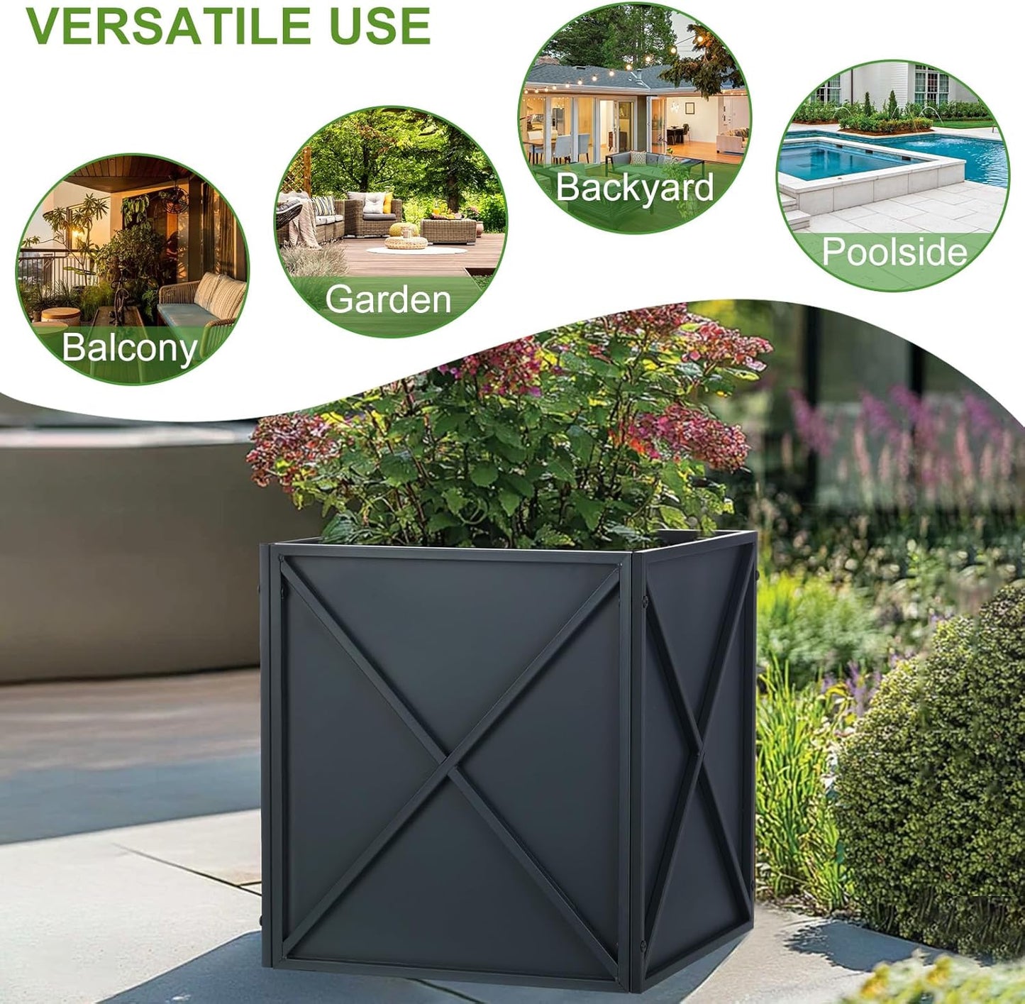 BAYN Metal Square Planter Box Tall Planters for Outdoor Plants Modern Heavy Duty with Drainage Holes for Outside Indoor Patio Deck - Grey, 17”x 17”x 18”