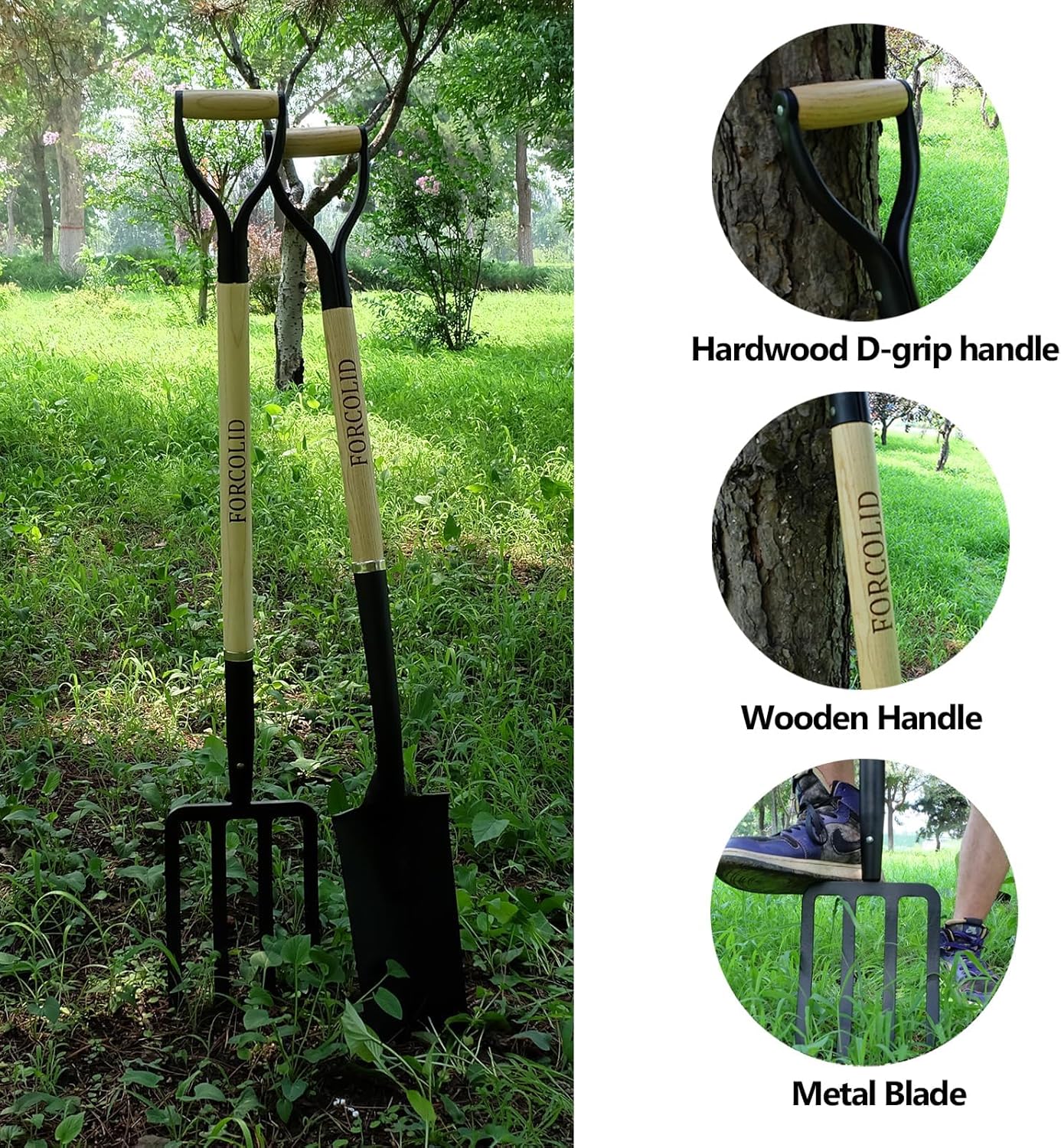 Garden Fork, 4-Tine Spading Digging Fork, Pitch Fork-45Inch, Forged Steel Y-Grip, Wood Handel