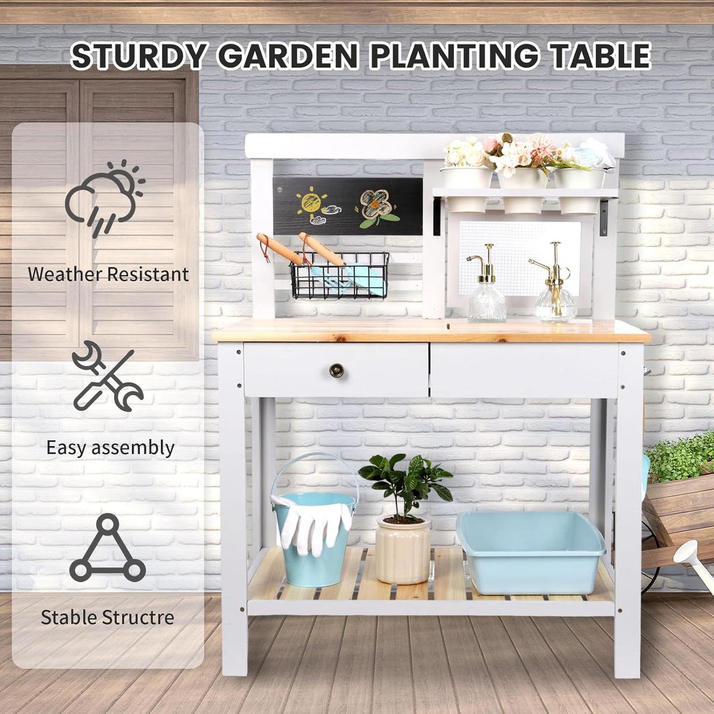 Potting Bench Outdoor Potting Table—All-Weather Kids Solid Wood Garden Work Station with Sink、Drawer、Hooks、3Flower Pots, Weather Proof （White Grey, Large）