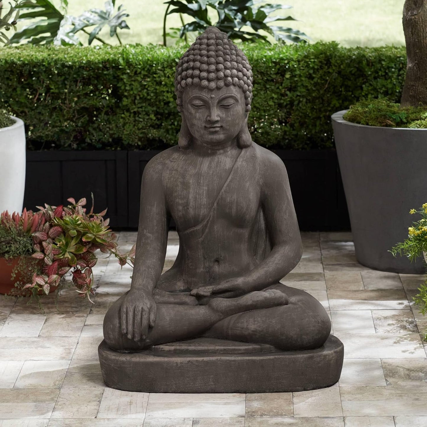 John Timberland Sitting Buddha Statue Sculpture Zen Asian Japanese Garden Decor Outdoor Front Porch Patio Yard Outside Home Balcony House Exterior Weathered Light Sandstone Finish 29 1/2" Tall