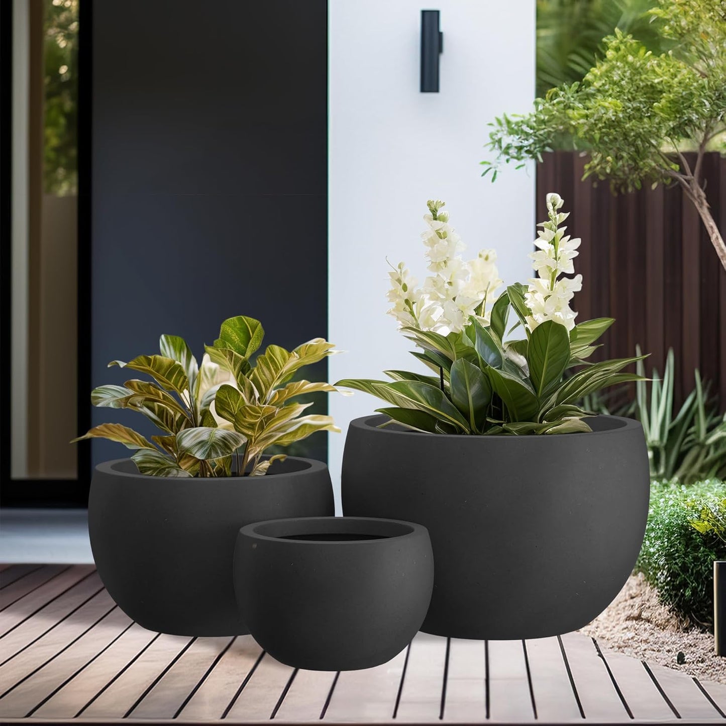 Kante 19.9",15.7",11.8" Dia Round Concrete Planter Set of 3, Outdoor/Indoor Large Bowl Plant Pots with Drainage Hole and Rubber Plug for Garden Patio Balcony Home, Black