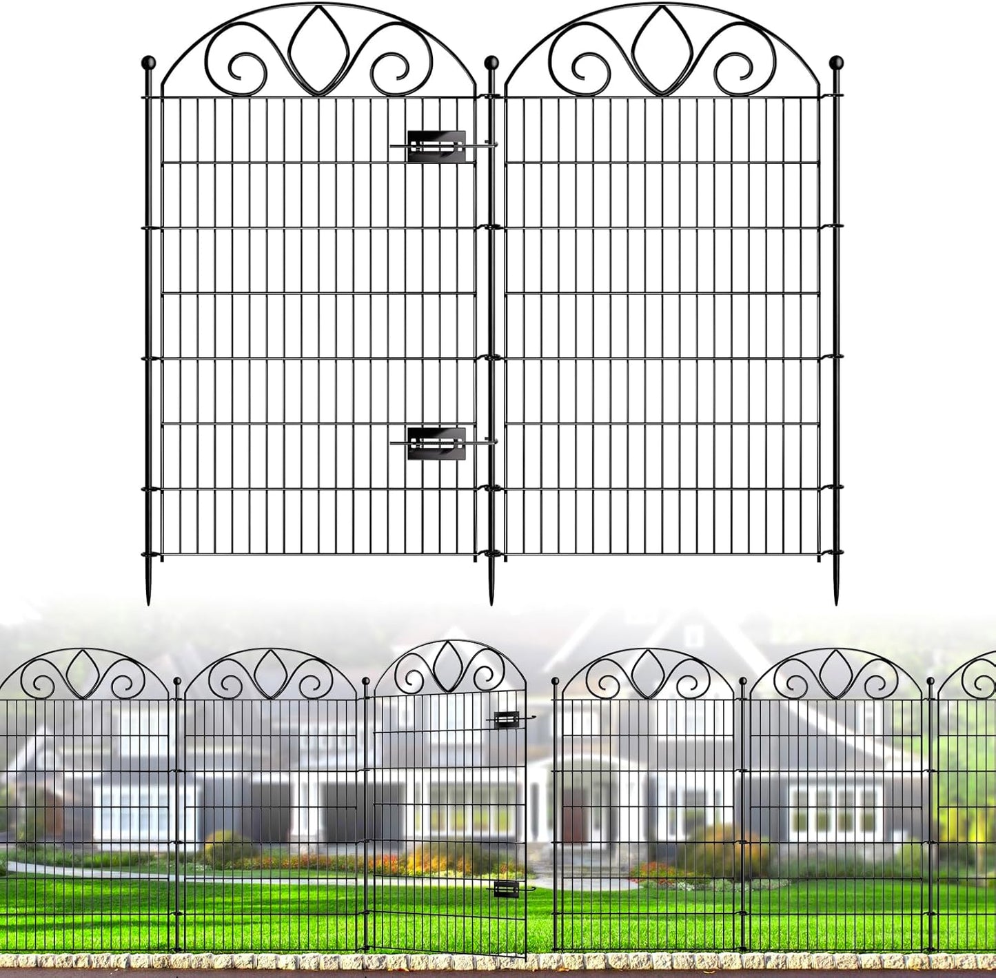 4 Panels No Dig Tall Garden Fence with Gate – 48" H X 10.5' L Rustproof Metal Dog Fence Outdoor for Yard, Decorative Animal Barrier Fence for Pet, Garden Border, Patio, Flower | Temporary Fencing