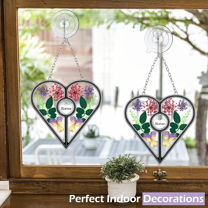 KY&BOSAM Heart Suncatcher Sister Stained Glass for windsows Hanging Wind Chimes with Pressed Real Flower Heart in Glass with Metal Trim Heart Charm Birthday Gift for Sister Mothers Day Christmas Decor