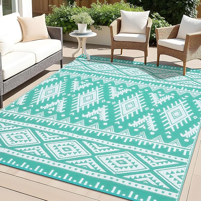 OLANLY Outdoor Rug Waterproof 10x14 ft, Reversible Outdoor Plastic Straw Rug, Boho Patio Rug, Indoor Outdoor Carpet, RV Mat Outside for Patio, Camp, Picnic, Balcony, Deck, Backyard, Turquoise & White