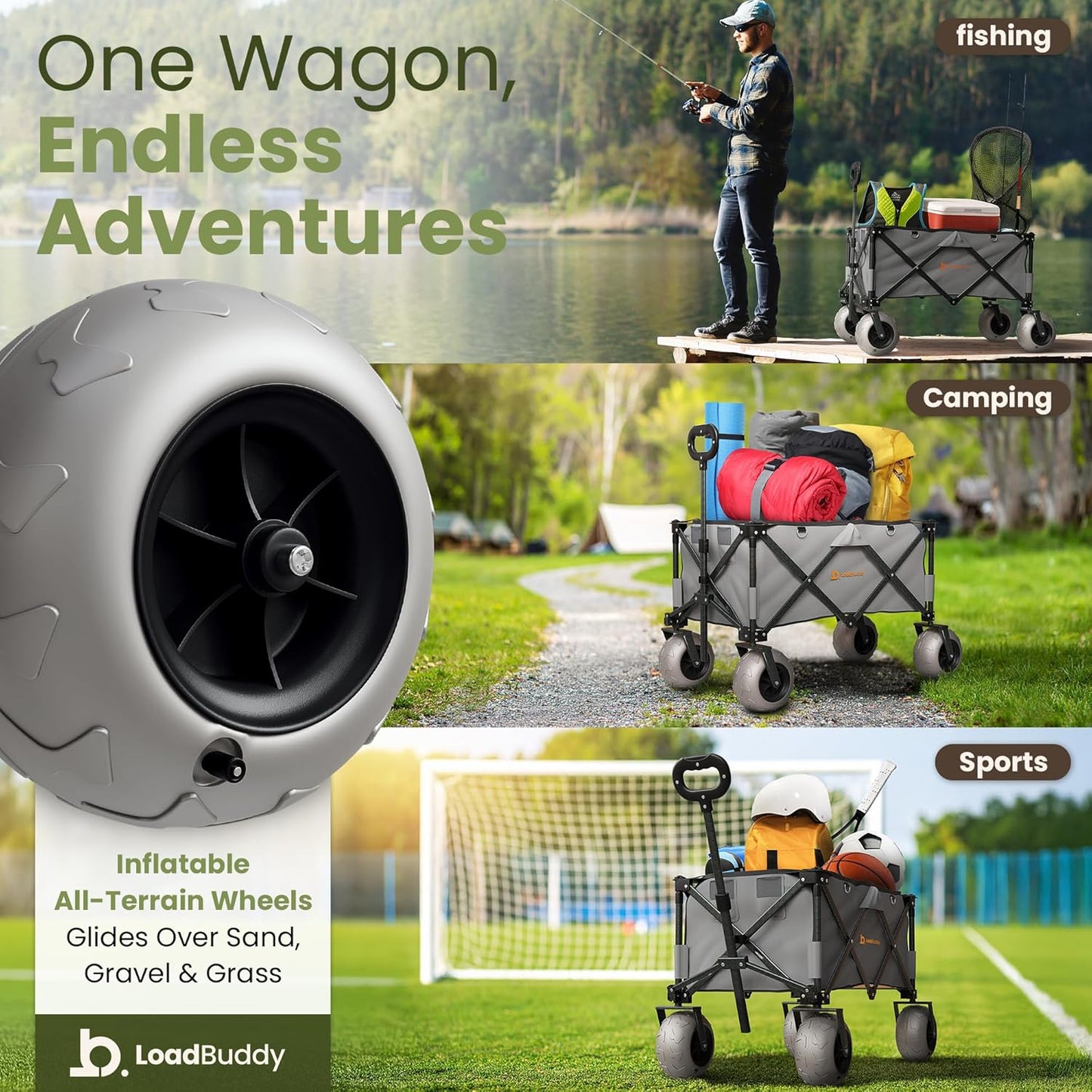 Foldable Beach Wagon – Gray Orange – Collapsible Utility Cart with Inflatable Wheels, Pump, Storage & Rope – Heavy Duty Garden, Grocery & Camping Trolley