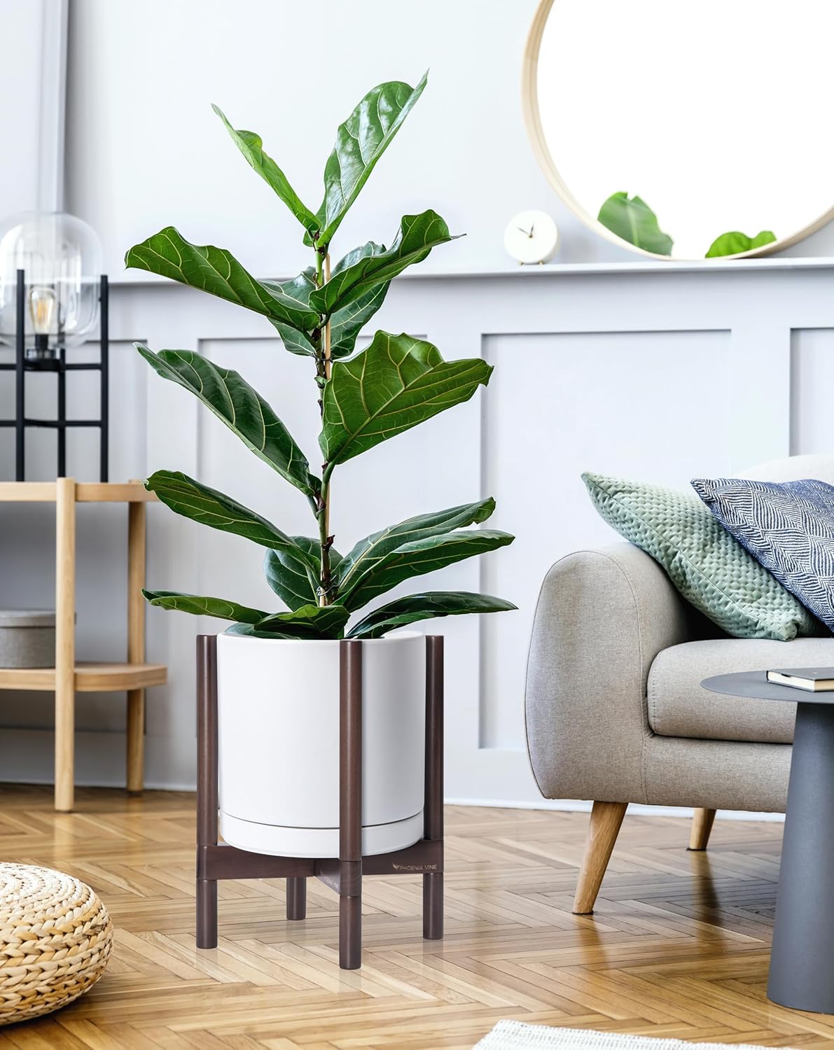 D'vine Dev Ceramic Planter with Walnut Color Stand - 12 Inch Modern Round Flower Pot with Wood Planter Holder, White, 55-B-W-1