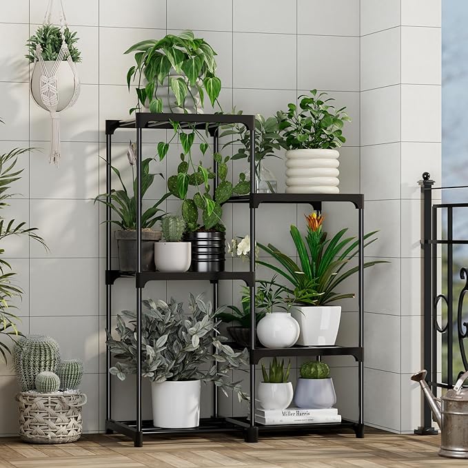 Plant Stand Indoor Outdoor Hanging Plant Shelf for Multiple Plants Pots Metal Flower Stand Flower Holder for Living Room, Patio, Balcony, Garden Decor, Black