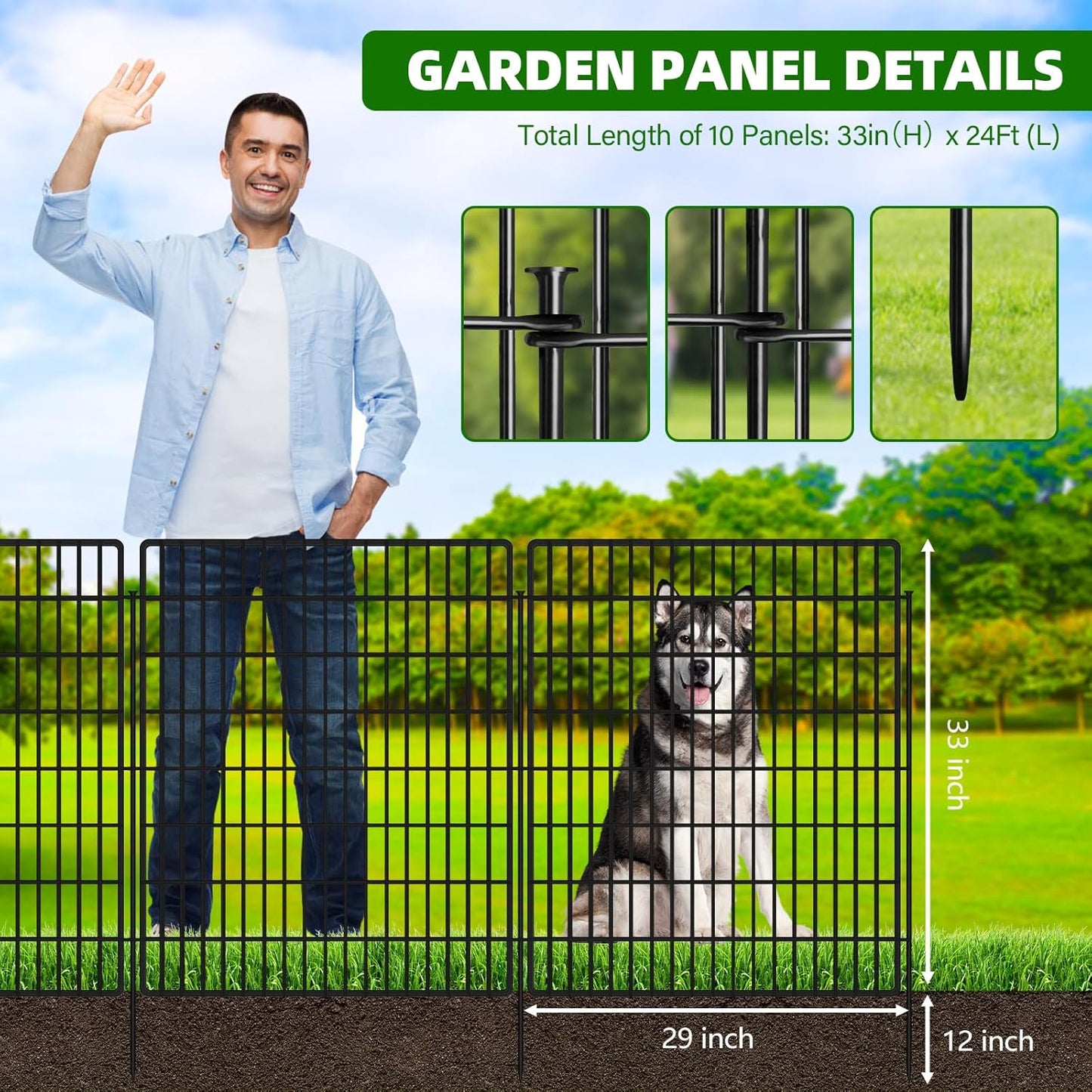 10 Panels Garden Fencing Animal Barrier with Lock, 33 in(H) X 24 ft(L) Dog Fence Outdoor for Yard Rustproof No Dig Decorative Tall Garden Fence Metal Wire Panel Border Rabbit Ground Stakes Fencing