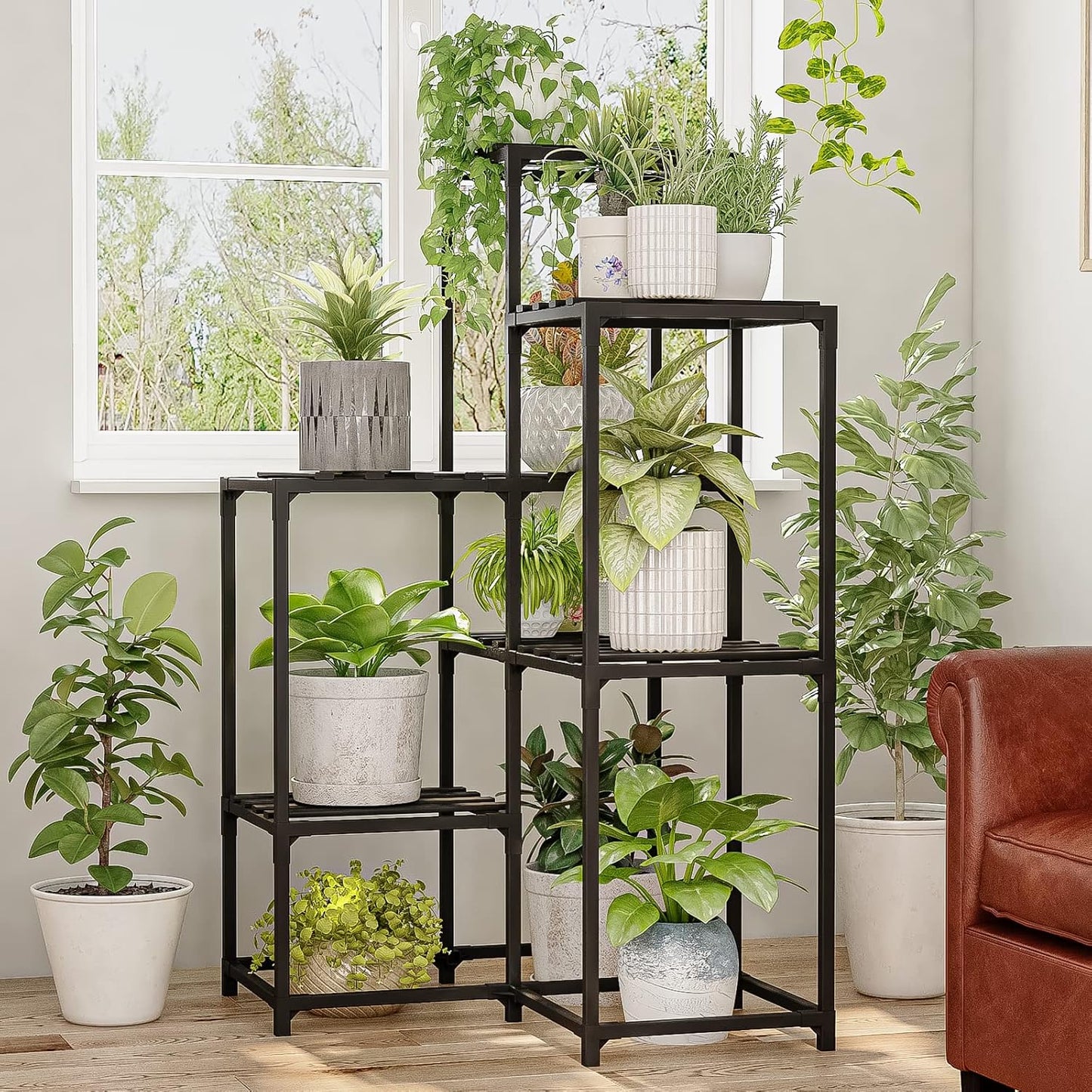 Bamworld Outdoor Black Corner Plant Shelf/Holder - 7-Tier Stands for Multiple Plants - Patio, Balcony, Garden