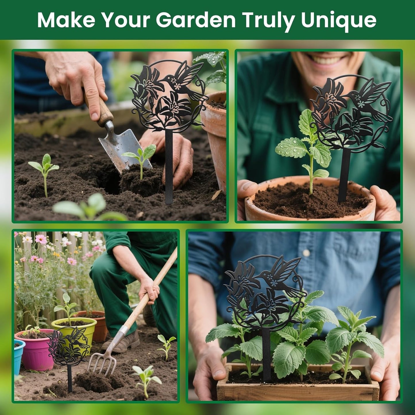 CUTHOLLOW Metal Plant Marker Stake Hummingbird and Flower for Outdoor Indoor, Waterproof 11.8 inch Cute Garden Plant Labels Sign Tag for Vegetables, Farmhouse Greenhouse Decor - Funny Gardening Gifts