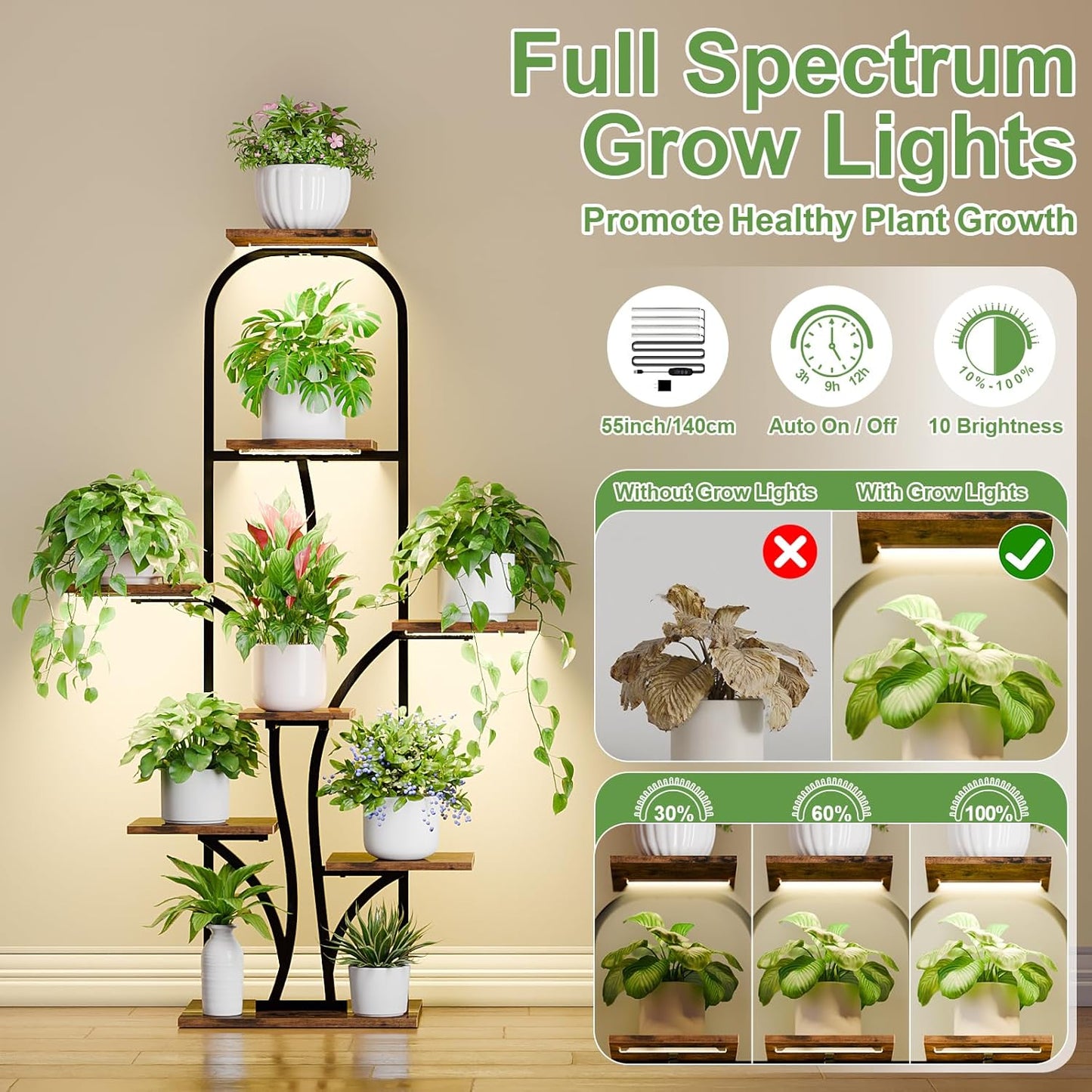 Plant Stand Indoor with Grow Lights, 8 Tiered Indoor Plant Shelf, 51'' Corner Plant Stands for Multiple Plants, Tree-Shaped Arch Plant Holder Rack, Flower Stands for Patio Living Room Home Decor