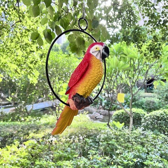 Lifelike Parrot Garden Statues Hanging Decor Ornaments Figurines Sculpture for Patio Lawn Yard, Blue Tail (Red Tail)
