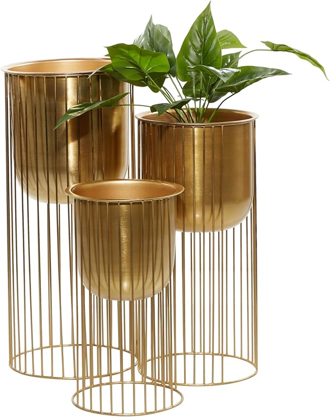 Deco 79 Metal Indoor Outdoor Planter Deep Recessed Dome Large Planter Pot with Elevated Caged Stand, Set of 3 Planters 24", 20", 16"H, Gold