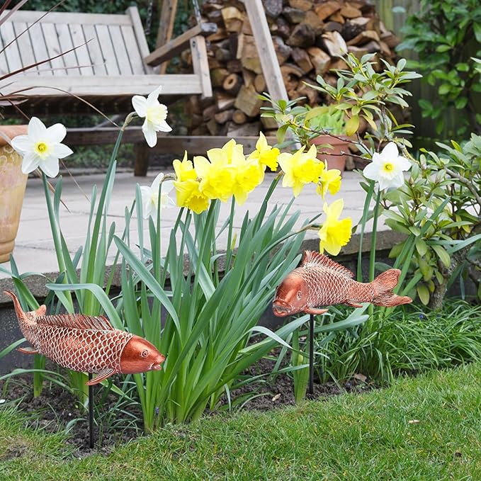 Koi Fish Decor Garden Sculptures & Statues, Outdoor Antique Copper Fish Statues Pond Zen Garden Decor Patio Backyard Lawn Porch Yard Art Decoration, Best Gift for Mother's Day, Set of 2, Large