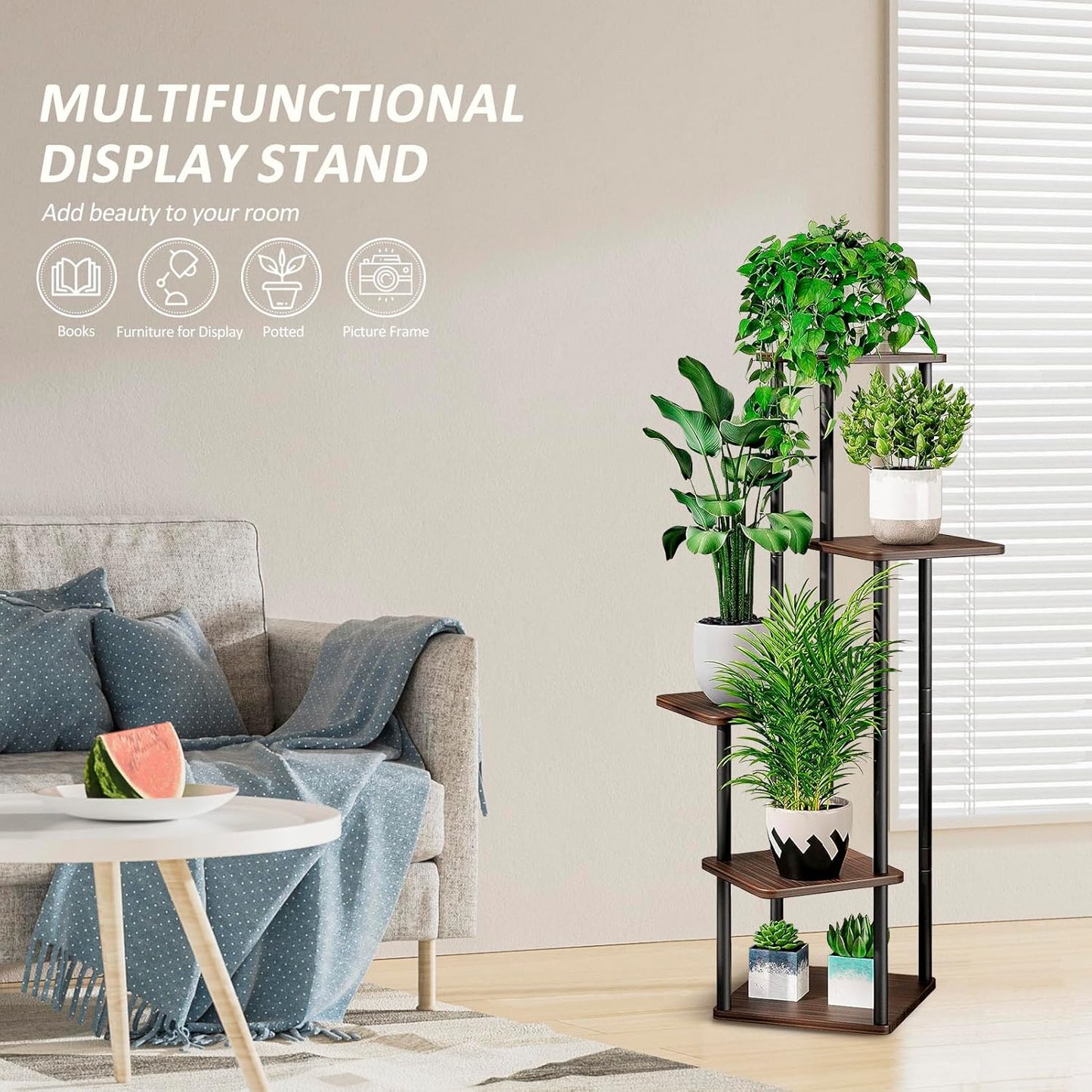 5 Tier Wood Tall Plant Stand Metal Rack Indoor, Multiple Flower Pot Holder Shelves Corner Rack, Planter Shelf Display Rack Storage Organizer for Patio Living Room Balcony Garden(Black Oak)
