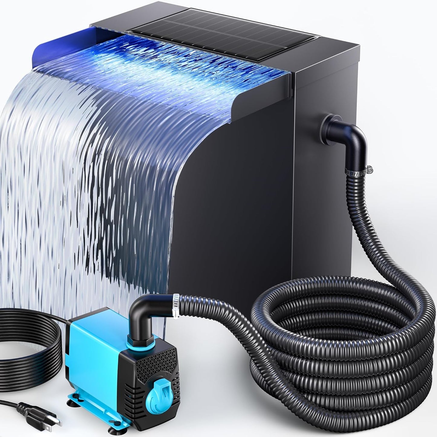 POPOSOAP Pond Waterfall Spillway Kit with LED Lights, 13.4" H x 12" W Stainless Steel Spillway with 660GPH Pond Pump, Filtration, 10FT Corrugated Tubing Waterfall for Water Garden, Backyard, Pool
