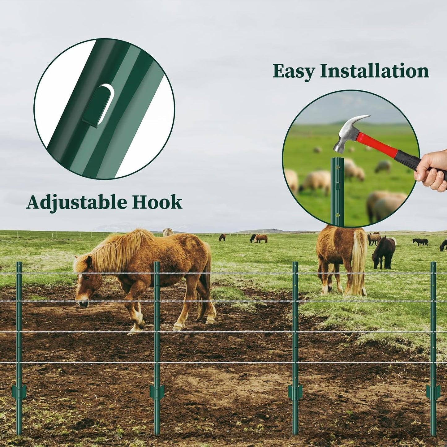 10 Pack Garden Fence Post, 5 Feet Heavy Duty Metal U-Post for Wire Fence, No Dig Garden Fence Stakes for Temporary Fencing, Electric Fence Wire, Corner Anchor, and More-Green