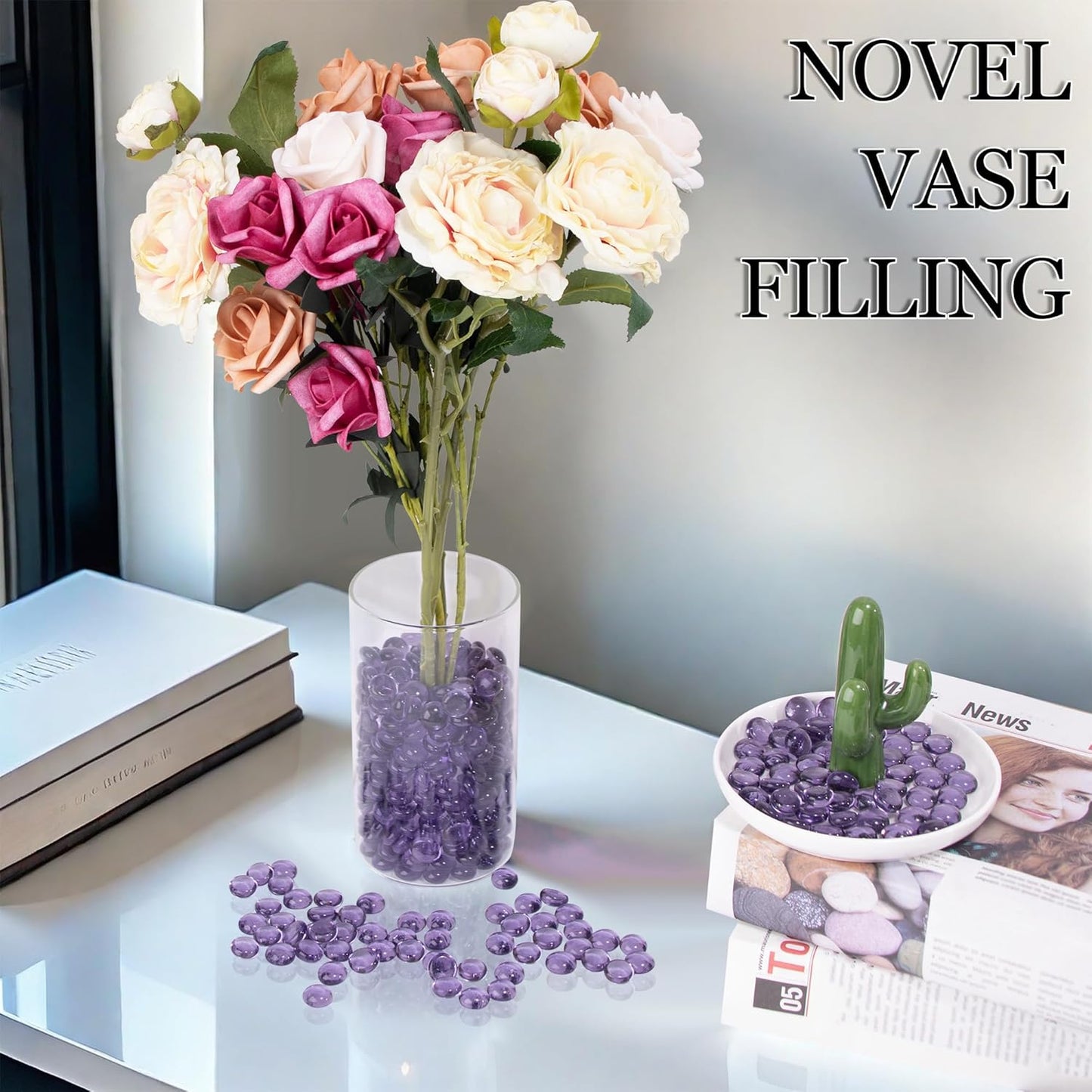 Meschett 50PCS Mini Glass Gems,Purple Mancala Stones Flat Bottom Marble Beads for Home Decorative Art Craft Vase Filler(0.5"~0.7")