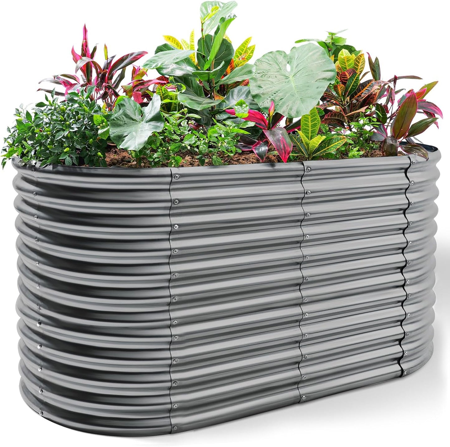 Land Guard 8x4x3ft Oval Galvanized Raised Garden Beds, Large-Capacity Metal Planter Box Outdoor, Durable Deep Raised Garden Bed 3ft Tall, Raised Beds for Gardening Vegetables, Modern Gray