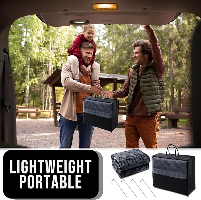 OLANLY Outdoor Rug Waterproof 10x14 ft, Reversible Outdoor Plastic Straw Rug, Boho Patio Rug, Indoor Outdoor Carpet, RV Mat Outside for Patio, Camp, Picnic, Balcony, Deck, Backyard, Black & Grey