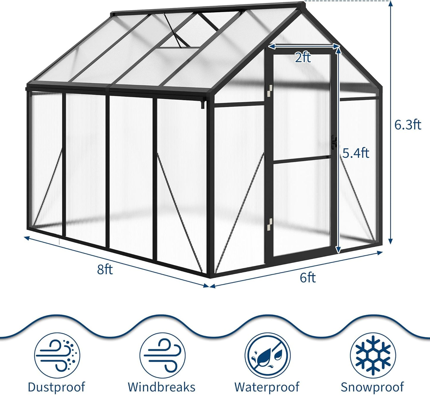 6x8 FT Greenhouse, Easy Assembly Aluminum Polycarbonate Greenhouses for Outdoors with Roof Vent and Ground Nails, Heavy Duty Aluminum Walk-in Greenhouse for Backyard, Sliding Lockable Door, Black