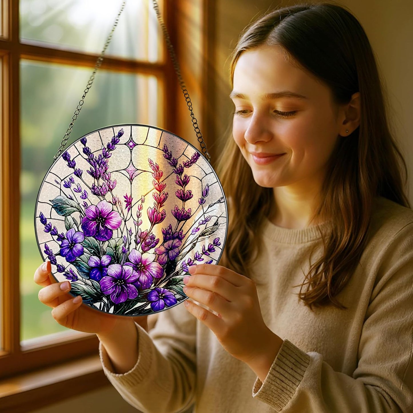 Bauhinia&Violets Flower Stained Glass Suncatcher, Stained Glass Window Hanging, 8 Inch Window Hanging Decor, Christmas, Mother's Day, Birthday Gifts for Mom, Grandma, Women, Wife, Lovers