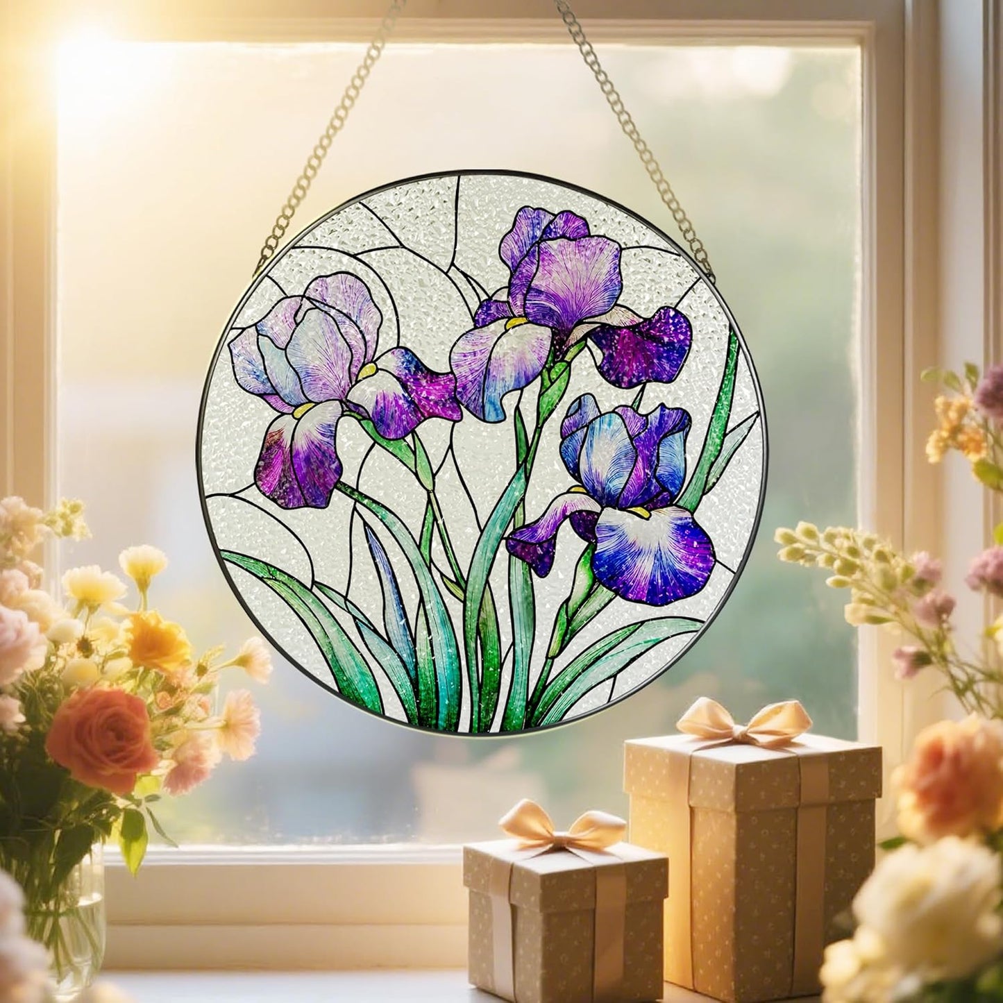 Stained Glass Window Hanging, 8 Inch Purple Irises Stained Glass Suncatcher, Flower Sun Catchers Indoor Window, Iris Flowers Gift, Flower Lovers Gifts, Housewarming Gift, Gifts for Her or Women