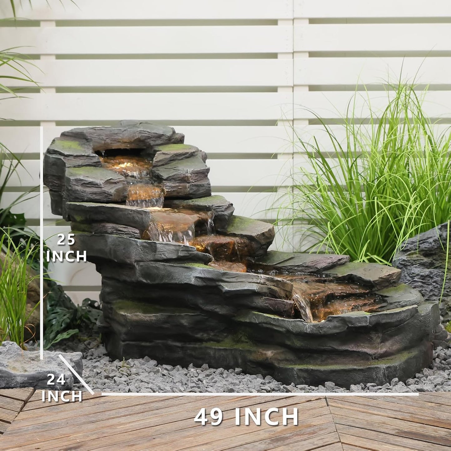 49" L Garden Outdoor Water Fountain 5-Tiers Rock Natural Waterfall Fountains Floor Standing Water Features with LED Lights for Patio, Porch, Home Art Decor
