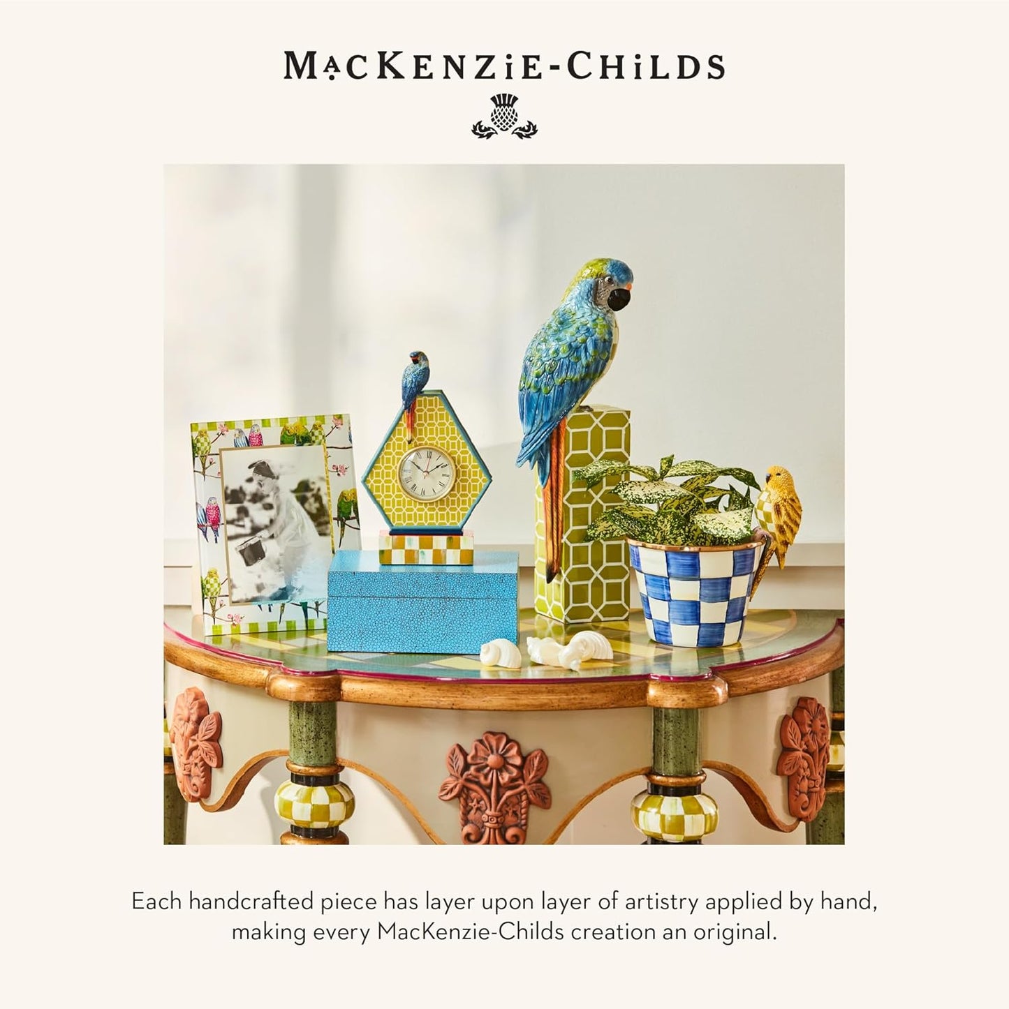 MACKENZIE-CHILDS Pot Climber, Decorative Indoor and Outdoor Planter Hanging Decor, Chartreuse Parakeet