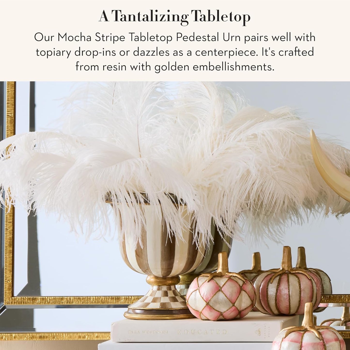 MACKENZIE-CHILDS Tabletop Urn, Decorative Centerpiece for Table, Brown-and-White Mocha Stripe