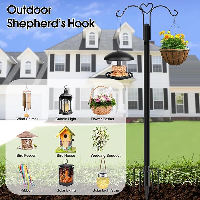 Ottsuls Bird Feeder Pole, 2 Pack 108 INCH Double Shepherds Hooks for Outdoor, with 5 Base Prongs Heavy Duty Tall Garden Planter Hooks for Hanging Flower Basket, Lantern, Hummingbird Feeder