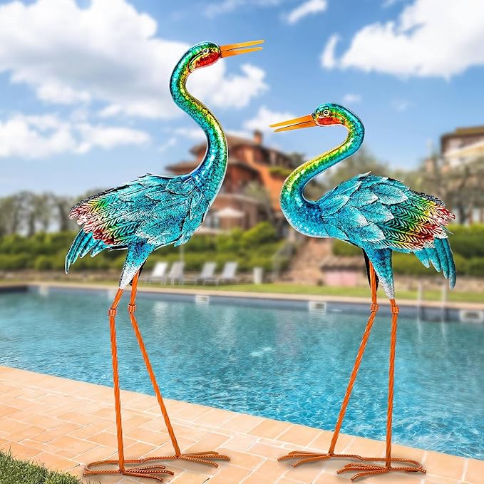 Natelf Crane Statues for Garden Decor, Blue Heron Sculptures, Metal Large Birds Lawn Sculptures & Statue for Patio Pond, Yard Decorations, Set of 2