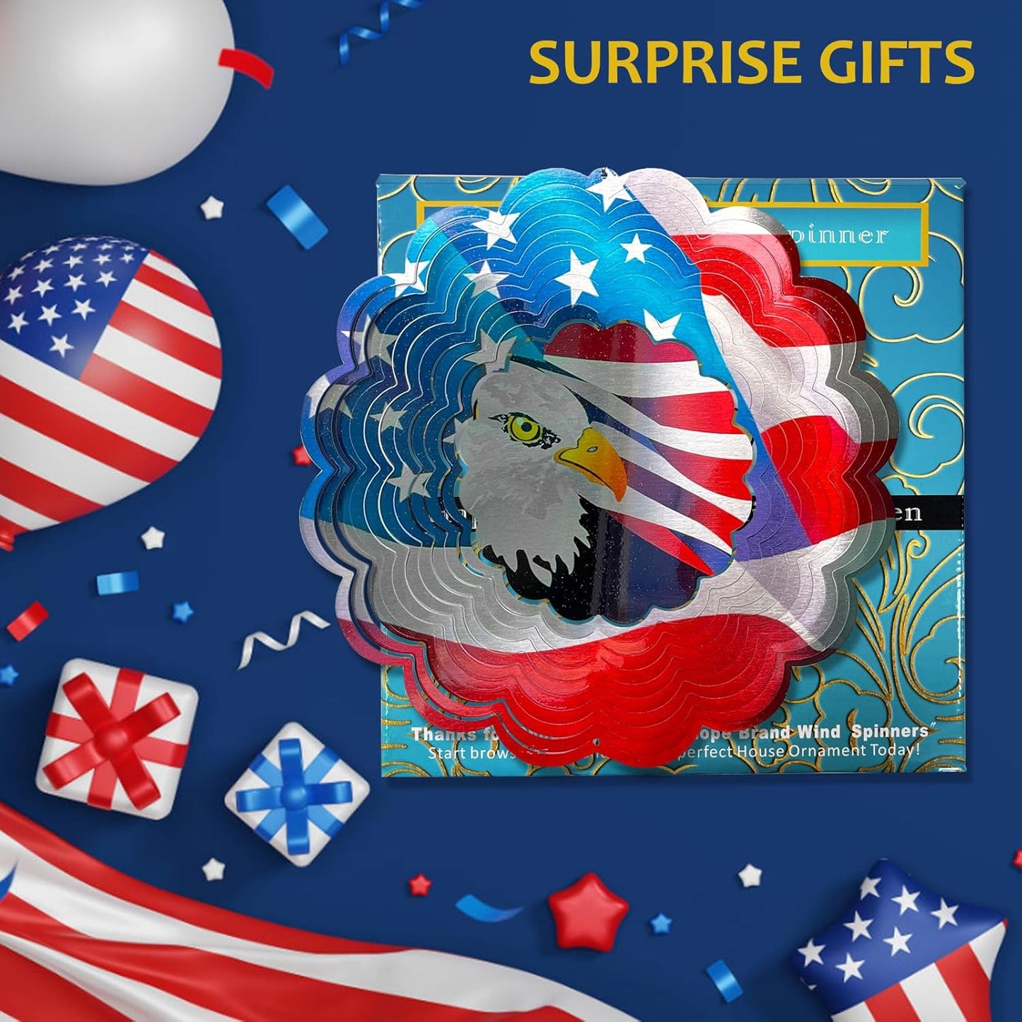 American Flag Wind Spinner - Patriotic Eagle Design | 12In 3D Holographic Hanging Wind Sculptures & Spinners, Outdoor Yard & Garden Decor for 4th of July, Memorial Day | Gift for Men, Women