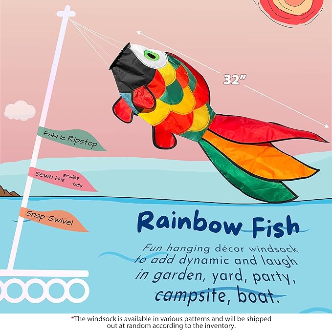 emma kites Cute Rainbow Fish Windsock Spinner Spiral 32-inch
