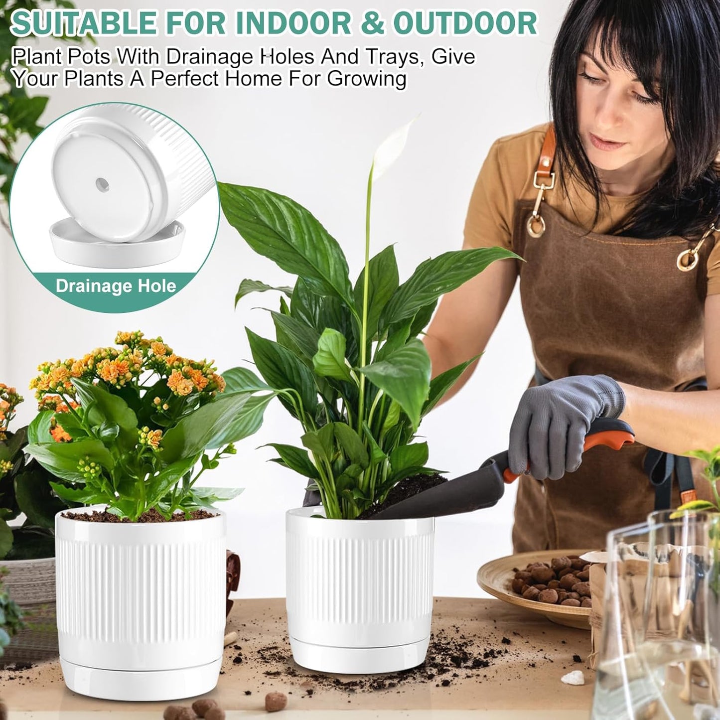 Vanavazon Ceramic Planter Pots for Indoor Plants with Drainage Hole and Saucer,6 Inch Cylinder Plant Pots,Glazed Finish Interior and Exterior,Set of 2 (White)